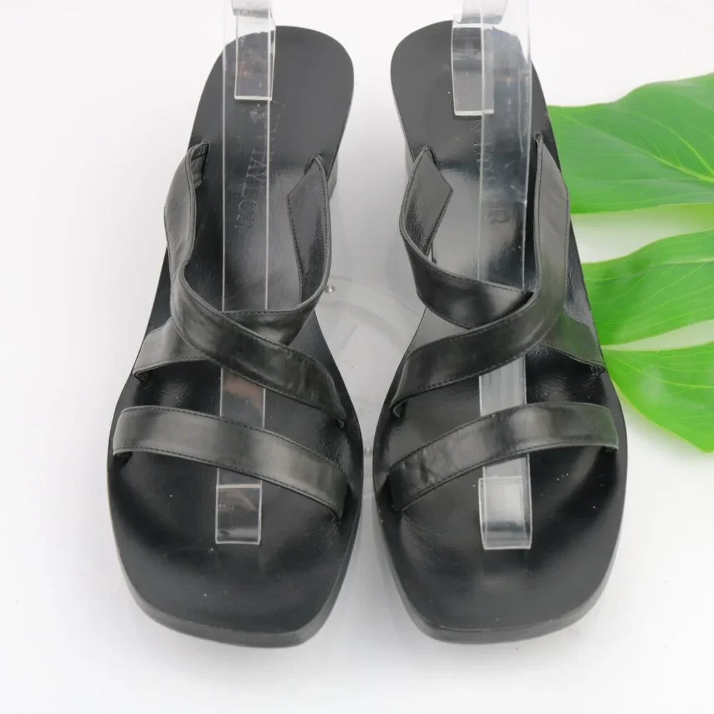 Ann Taylor Womens Sandals Size 10.5 Black Leather Strappy Slide Mule Wedge Heels
